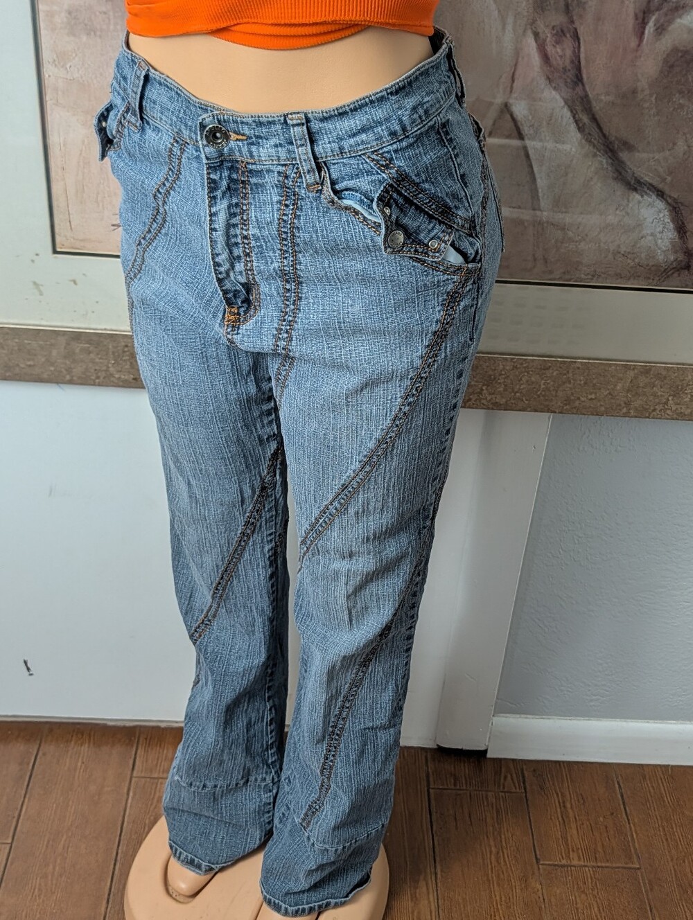 Apollo Jeans Vintage 90s Y2K Diagonal Seam Blue Denim Flare Jeans Size 15/16